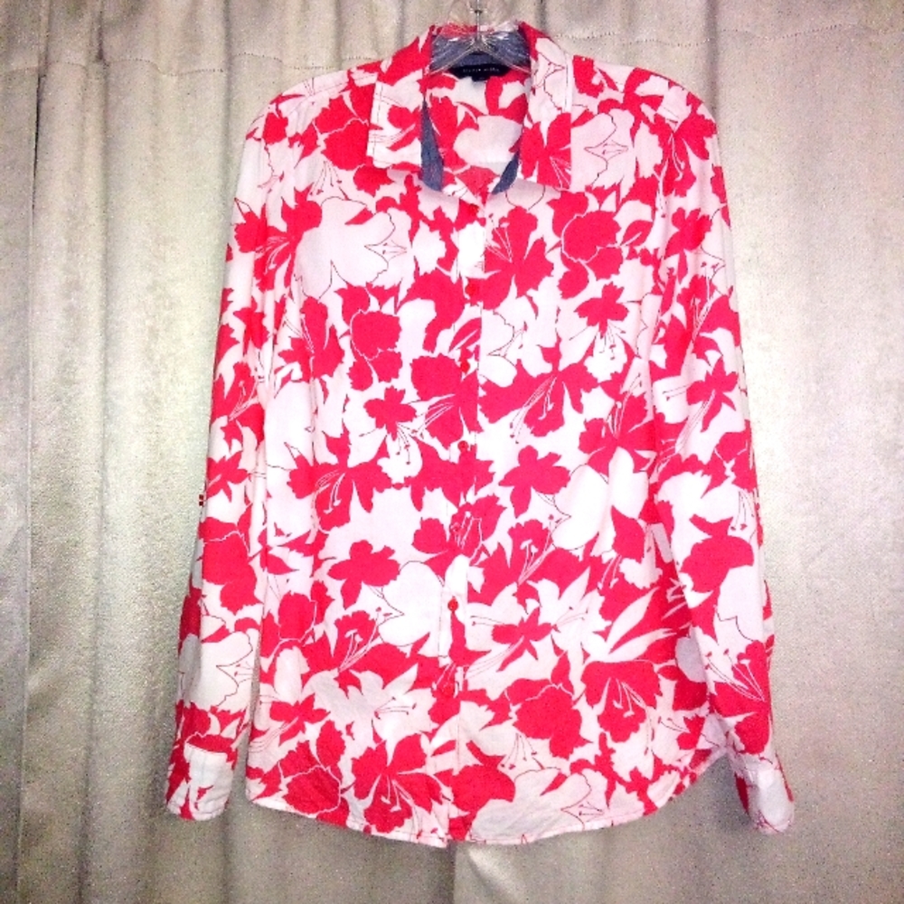 Tommy Hilfiger Pink and White Hawaiian Print Button Blouse Size M